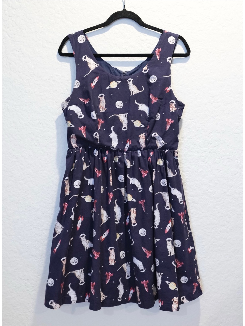 ModCloth Astronaut Cats in Space Dress Size L Mini Pockets Retro Whimsical